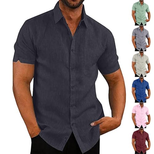 UHouse Leinenhemd Herren Sommer Kurzarm Hemd Baumwolle Leinen Kurzarmhemd Freizeit Herrenhemden Musselin Hemden Einfarbig Freizeithemd Bequeme Sommerhemd Lässig Strandhemd Angebote Schwarz 3XL von UHouse