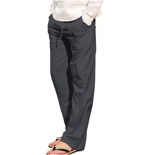UHouse Leinenhose Herren Baumwolle Leinen Hosen Sommer Baggy Hose Leichte Sommerhose Mode Freizeithose Dünner Stoffhose mit Gummizug Bequeme Strandhose Dunkelgrau M von UHouse