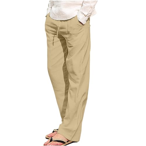UHouse Leinenhose Herren Baumwolle Leinen Hosen Sommer Baggy Hose Leichte Sommerhose Mode Freizeithose Dünner Stoffhose mit Gummizug Bequeme Strandhose Khaki 3XL von UHouse