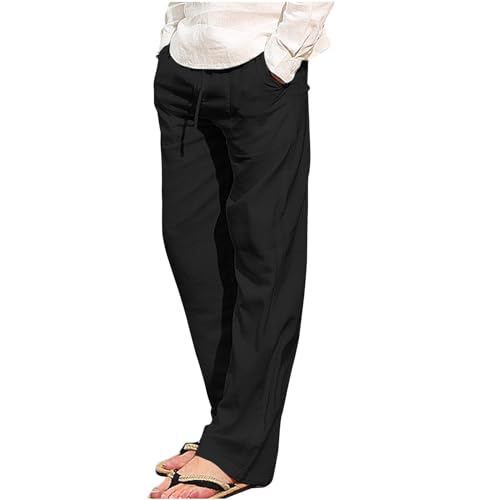 UHouse Leinenhose Herren Baumwolle Leinen Hosen Sommer Baggy Hose Leichte Sommerhose Mode Freizeithose Dünner Stoffhose mit Gummizug Bequeme Strandhose Schwarz M von UHouse