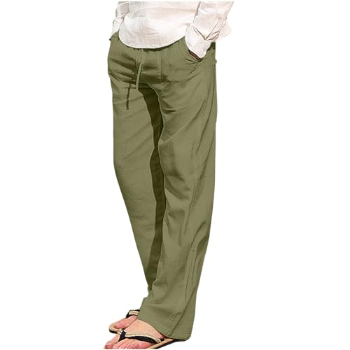 UHouse Leinenhose Herren Baumwolle Leinen Hosen Sommer Baggy Hose Leichte Sommerhose Mode Freizeithose Dünner Stoffhose mit Gummizug Bequeme Strandhose Armeegrün 5XL von UHouse