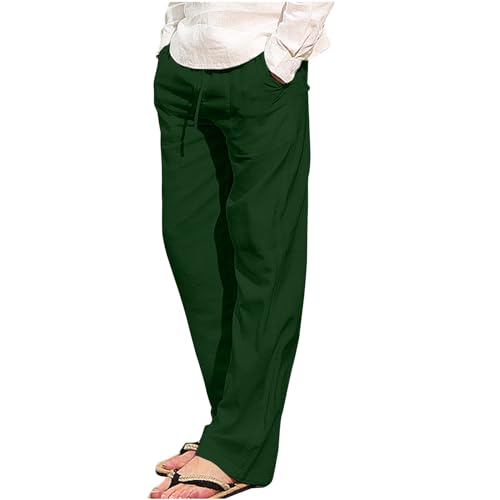 UHouse Leinenhose Herren Baumwolle Leinen Hosen Sommer Baggy Hose Leichte Sommerhose Mode Freizeithose Dünner Stoffhose mit Gummizug Bequeme Strandhose Grün M von UHouse