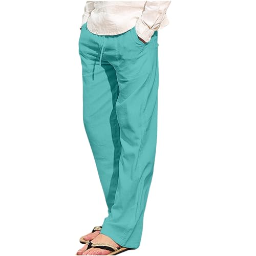 UHouse Leinenhose Herren Baumwolle Leinen Hosen Sommer Baggy Hose Leichte Sommerhose Mode Freizeithose Dünner Stoffhose mit Gummizug Bequeme Strandhose Himmelblau L von UHouse