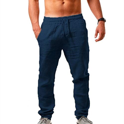 UHouse Leinenhose Herren Cargo Hose Sommer Leichte Sommerhose Baumwolle Fashion Cargo Hosen Outlet Angebote Männer Jogginghosen 2024 Weißes Lang Schlaghose Warehouse Deal Marine XL von UHouse