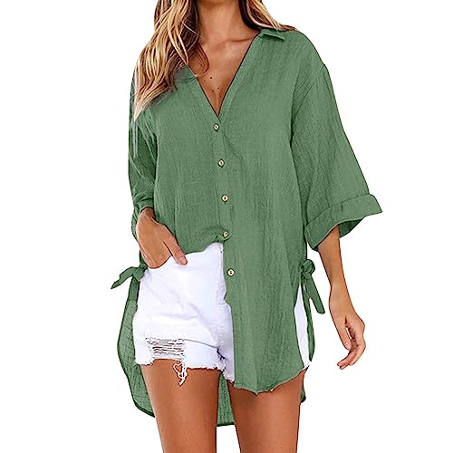 UHouse Musselin Bluse Damen Longbluse Sommer Oversize Leinenbluse 3/4 Arm Bluse Bikini Cover Up Elegant Blusen Loose Fit Hemdbluse Lang Strand Sommerbluse Angebote Damenmode Grün XL von UHouse