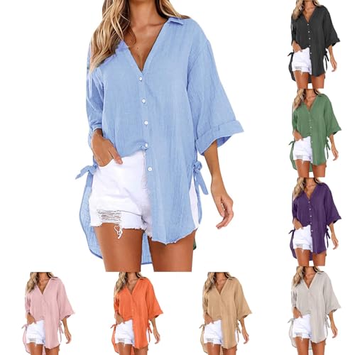 UHouse Musselin Bluse Damen Longbluse Sommer Oversize Leinenbluse 3/4 Arm Bluse Bikini Cover Up Elegant Blusen Loose Fit Hemdbluse Lang Strand Sommerbluse Angebote Dünne Tuniken Hellblau S UHouse Musselin Bluse Damen Longbluse Sommer Oversize Leinenbluse 3/4 Arm Bluse Bikini Cover Up Elegant Blusen Loose Fit Hemdbluse Lang Strand Sommerbluse Angebote Dünne Tuniken Hellblau S von UHouse