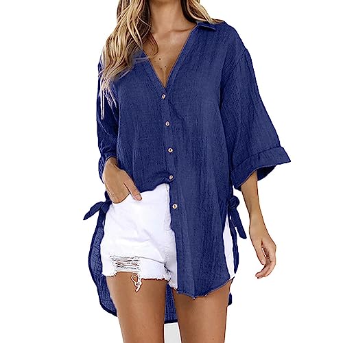 UHouse Musselin Bluse Damen Longbluse Sommer Oversize Leinenbluse 3/4 Arm Bluse Bikini Cover Up Elegant Blusen Loose Fit Hemdbluse Lang Strand Sommerbluse Blitzangebote Damenmode Marine XL UHouse Musselin Bluse Damen Longbluse Sommer Oversize Leinenbluse 3/4 Arm Bluse Bikini Cover Up Elegant Blusen Loose Fit Hemdbluse Lang Strand Sommerbluse Blitzangebote Damenmode Marine XL von UHouse
