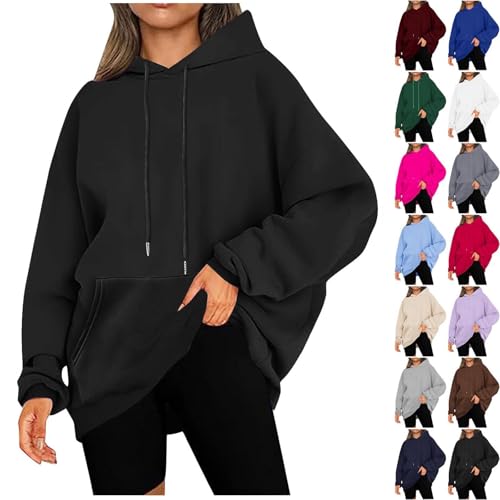 UHouse Oversized Hoodie Damen Sweatshirt mit Kapuze Pullover Casual Hoody Lang Einfarbige Kapuzenpullover Frauen Sweatjacke Lockere Kapuzenpulli mit Taschen Herbst Winter Schwarz 4XL von UHouse