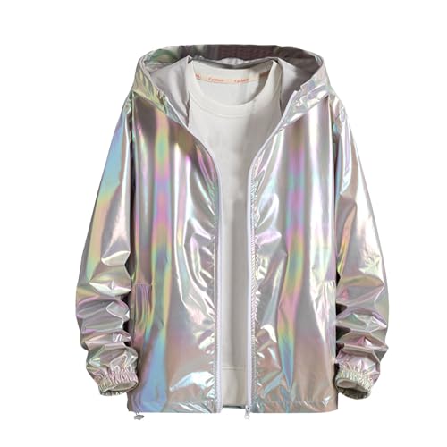 UHouse Party Jacke Herren Karneval Kostüm Glitter Disco Outfit 80er Jahre Herren-Jacken Glänzende Sportjacke mit Kapuze Vintage Kapuzenjacke Bunte Softshelljacke Warehouse Deals Angebote Grau 3XL von UHouse