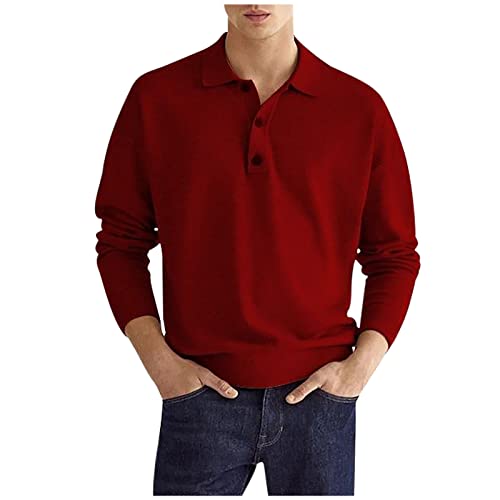 UHouse Poloshirt Herren Langarm Baumwolle Polohemd Golf Polo Shirt Basic Langarmshirt mit Knopfleiste Mode Longsleeve Slim Fit Tshirt Stehkragen Sport Shirts Herbst Kleidung Rot XL von UHouse