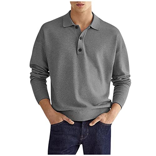 UHouse Poloshirt Herren Langarm Baumwolle Polohemd Golf Polo Shirt Basic Langarmshirt mit Knopfleiste Mode Longsleeve Slim Fit Tshirt Stehkragen Sport Shirts Herbst Kleidung Grau M von UHouse