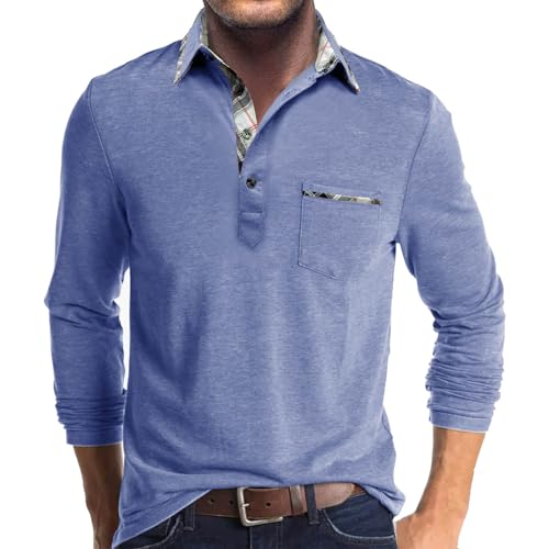 UHouse Poloshirt Herren Langarm Shirt Basic Baumwolle Langarmshirt mit Knopfleiste Angebote Longsleeve Polohemd mit Brusttasche Leichte Sommershirt Regular Fit Polo Shirt Hellblau L von UHouse