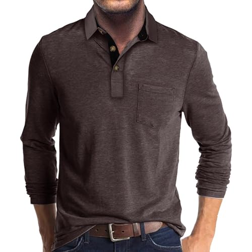 UHouse Poloshirt Herren Langarm Shirt Basic Baumwolle Langarmshirt mit Knopfleiste Mode Longsleeve Polohemd mit Brusttasche Leichte Sommershirt Regular Fit Polo Shirt Kaffee XXL von UHouse