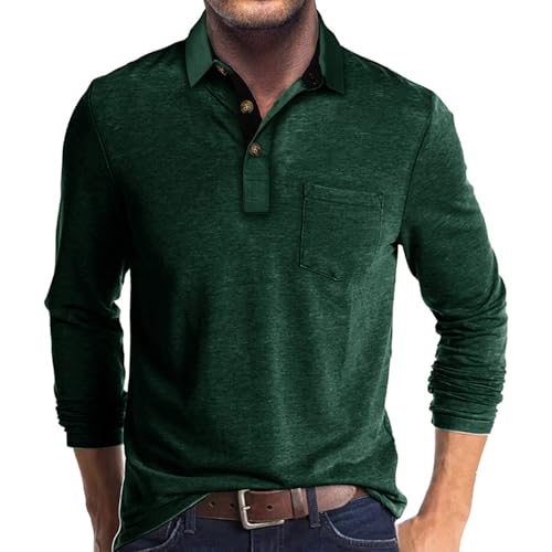 UHouse Poloshirt Herren Langarm Shirt Basic Baumwolle Langarmshirt mit Knopfleiste Mode Longsleeve Polohemd mit Brusttasche Leichte Sommershirt Regular Fit Polo Shirt Grün XL von UHouse