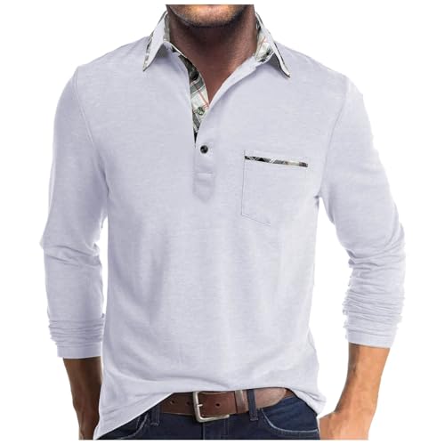 UHouse Poloshirt Herren Langarm Shirt Basic Baumwolle Langarmshirt mit Knopfleiste Mode Longsleeve Polohemd mit Brusttasche Leichte Sommershirt Regular Fit Polo Shirt Weiß M von UHouse