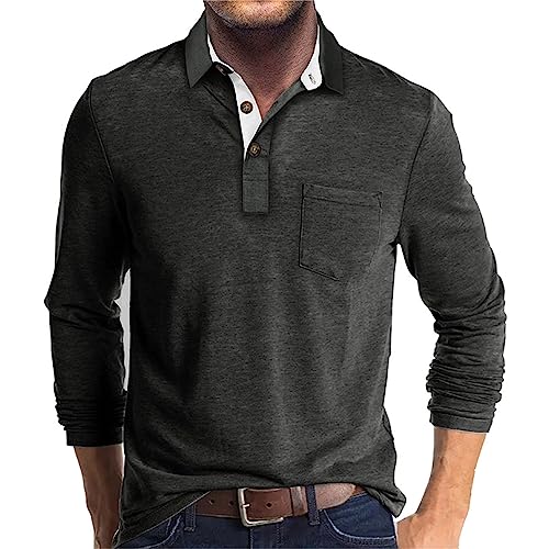 UHouse Poloshirt Herren Langarm Shirt Basic Baumwolle Langarmshirt mit Knopfleiste Mode Longsleeve Polohemd mit Brusttasche Leichte Sommershirt Regular Fit Polo Shirt Dunkelgrau L von UHouse