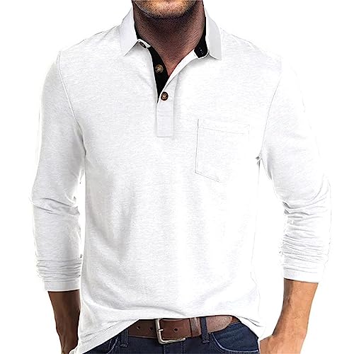 UHouse Poloshirt Herren Langarm Shirt Basic Baumwolle Langarmshirt mit Knopfleiste Mode Longsleeve Polohemd mit Brusttasche Leichte Sommershirt Regular Fit Polo Shirt Weiß L von UHouse