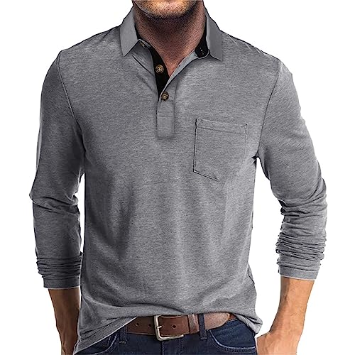 UHouse Poloshirt Herren Langarm Shirt Basic Baumwolle Langarmshirt mit Knopfleiste Mode Longsleeve Polohemd mit Brusttasche Leichte Sommershirt Regular Fit Polo Shirt Meine Bestellungen Grau M von UHouse