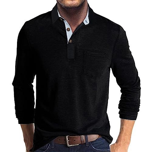UHouse Poloshirt Herren Langarm Shirt Basic Baumwolle Langarmshirt mit Knopfleiste Mode Longsleeve Polohemd mit Brusttasche Leichte Sommershirt Regular Fit Polo Shirt Schwarz L von UHouse
