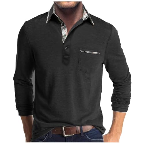 UHouse Poloshirt Herren Langarm Shirt Basic Baumwolle Langarmshirt mit Knopfleiste Sale Longsleeve Polohemd mit Brusttasche Leichte Sommershirt Regular Fit Polo Shirt Sale Schwarz XXL von UHouse