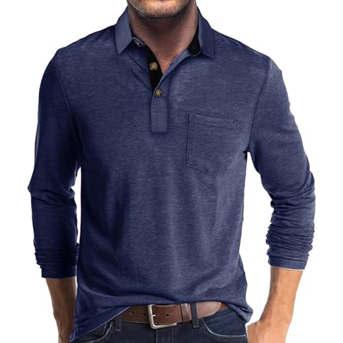 UHouse Poloshirt Herren Langarm Shirt Basic Baumwolle Langarmshirt mit Knopfleiste Warehouse Deal Polohemd mit Brusttasche Leichte Sommershirt Regular Fit Polo Shirt Sale Angebote Dunkelblau 3XL von UHouse