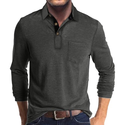 UHouse Poloshirt Herren Langarm Shirt Basic Baumwolle Langarmshirt mit Knopfleiste Warehouse Deal Polohemd mit Brusttasche Leichte Sommershirt Regular Fit Polo Shirt Warehouse Deal Grau XXL von UHouse
