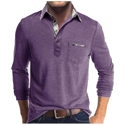 UHouse Poloshirt Herren Langarm Shirt Basic Baumwolle Langarmshirt mit Knopfleiste Warehouse Deal Polohemd mit Brusttasche Leichte Sommershirt Regular Fit Polo Shirt Violett XL von UHouse