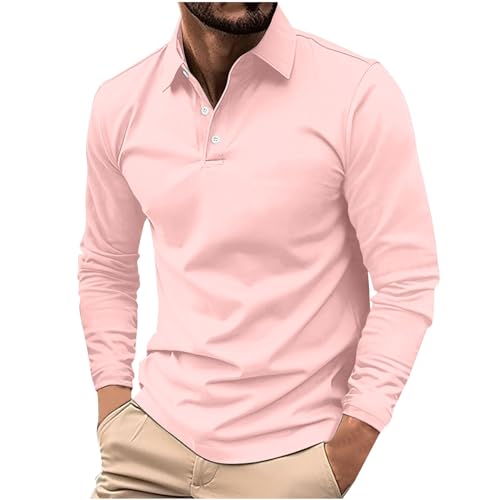 UHouse Poloshirt Herren Langarm Shirt Basic Langarmshirt mit Knopfleiste Golf Longsleeve Polohemd Leichte Sommershirt Regular Fit Polo Shirt Freizeit Longshirt Rosa M von UHouse