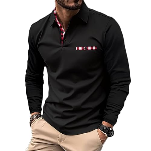 UHouse Poloshirt Herren Langarm Shirt Basic Langarmshirt mit Knopfleiste Golf Longsleeve Polohemd Leichte Sommershirt Regular Fit Polo Shirt Freizeit Longshirt Schwarz XXL von UHouse