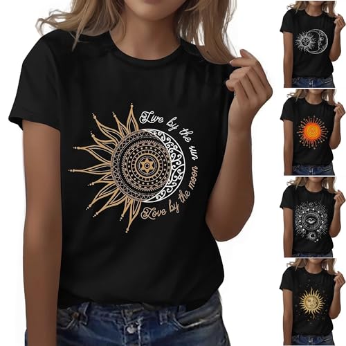 UHouse Prime Damen Tshirt Motiv Blusenshirt Basic Baumwolle Longshirt Frau Kleidung Oversized Tie-Dye Muster Tunika Frauen Rundhals Casual T-Shirts Damenmode Sale Schwarz XL von UHouse