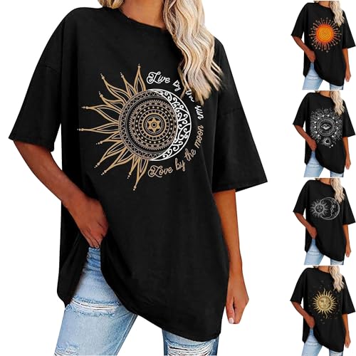 UHouse Prime Damen Tshirts Lässig Tie-Dye Muster Shirts Loose Fit Baumwolle Longshirt Frau Kleidung Vintage Tie-Dye Muster Longbluse Rundhals Fashion Tops Damen Mode Sale Schwarz XL von UHouse