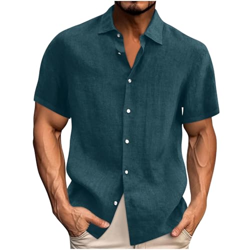 UHouse Leinenhemd Herren Kurzarm Sommer Hemd Baumwolle Leinen Stehkragenhemd Leicht Herrenhemden Stehkragen Hemden Übergröße Shirt Strand Hawaii Hemd Bequeme Sommerhemd Marine S von UHouse