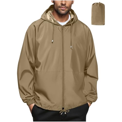 UHouse Regenjacke Herren Ultraleichte Dünne Kapuzenjacke Wasserdicht Windjacke mit Kapuze Outdoor Windbreaker Atmungsaktiv Windbreaker Fahrrad Leicht Outdoorjacke Khaki L von UHouse