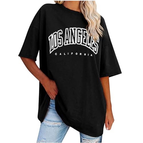 UHouse Sale Angebote Damen T-Shirts Lässig Mode Motiv Oberteil Freizeit Los Angeles Baumwolle Blusen & Tuniken Shirts Oversized Grafik Drucken T-Shirt Frau Rundhals Lose Tshirts Prime Schwarz M von UHouse