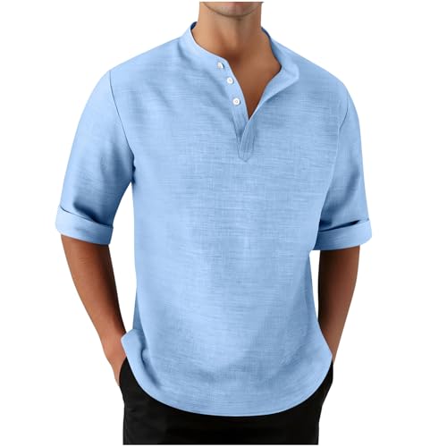 UHouse Henley Hemd Herren Kurzarm Tshirt mit Knopfleiste Sommer Hemden Freizeit Strandhemd Leichte Sommerhemd Männer Stehkragenhemd Bequeme Freizeithemd Locker Leinenhemd Hellblau 3XL von UHouse