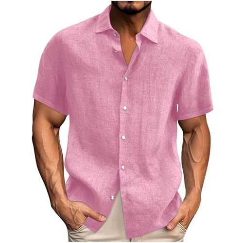 UHouse Leinenhemd Herren Kurzarm Baumwolle Hemd Sommer Leinen Hemden Casual Freizeithemd Regular Fit Kurzarmhemd Fashion Strandhemd Leicht Hawaiihemd Stehkragen Fischerhemd Rosa XXL von UHouse