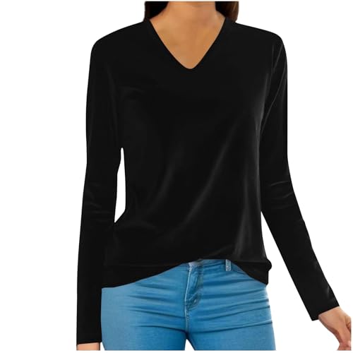 UHouse Samt Oberteil Damen Langarmshirt Bequeme Longsleeve Stretch Samtshirt Baumwolle Longshirt V Ausschnitt Oberteile Elegante Shirt Langarm Festliche Oberteile Warehouse Deal Schwarz 4XL von UHouse