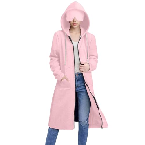 UHouse Sweatjacke Damen Lang mit Kapuze Baumwolle Herbst Kapuzenpullover mit Reißverschluss Lange Extra Zipper Hoodie mit Schlafmaske Kapuzenjacke Fleecejacke Einfarbig Winter Freizeitjacke Rosa 3XL von UHouse