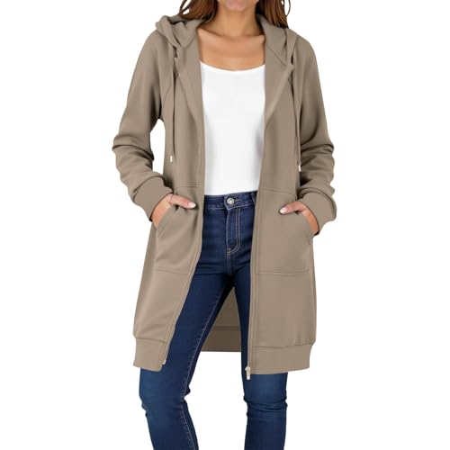 UHouse Sweatjacke Damen Lang mit Kapuze Baumwolle Herbst Kapuzenpullover mit Reißverschluss Lange Zipper Hoodie Oversize Kapuzenjacke Fleecejacke Freizeitjacke Beige XXL von UHouse