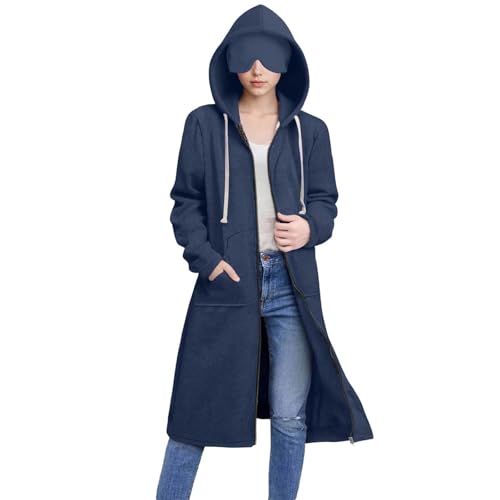 UHouse Sweatjacke Damen Lang mit Kapuze Baumwolle Kapuzenpullover mit Reißverschluss Lange Extra Zipper Hoodie Oversize Kapuzenjacke Fleecejacke Kapuzenpulli im Flugzeugmodu Freizeitjacke Marine XL von UHouse