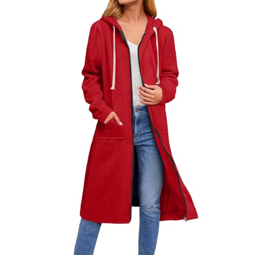 UHouse Sweatjacke Damen Lang mit Kapuze Baumwolle Lange Extra Zipper Hoodie mit Schlafmaske Kapuzenpullover mit Reißverschluss Lässig Kapuzenjacke Fleecejacke Einfarbig Winter Freizeitjacke Rot L von UHouse