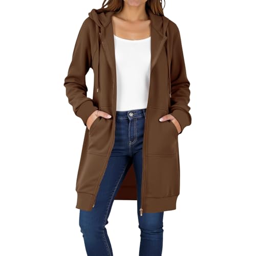 UHouse Sweatjacke Damen Lang mit Kapuze Baumwolle Lange Zipper Hoodie Herbst Kapuzenpullover mit Reißverschluss Lässig Kapuzenjacke Oversize Sweatshirt Jacke Einfarbig Winter Freizeitjacke Braun XXL von UHouse