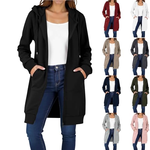 UHouse Sweatjacke Damen Lang mit Kapuze Baumwolle Lange Zipper Hoodie Herbst Kapuzenpullover mit Reißverschluss Oversize Kapuzenjacke Fleecejacke Kapuzenpulli Freizeitjacke Schwarz XXL von UHouse
