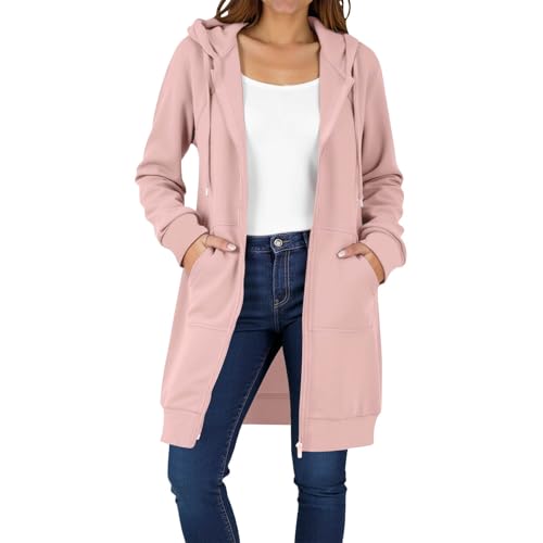 UHouse Sweatjacke Damen Lang mit Kapuze Baumwolle Lange Zipper Hoodie Oversize Kapuzenpullover mit Reißverschluss Herbst Kapuzenjacke Fleecejacke Einfarbig Winter Freizeitjacke Rosa L von UHouse