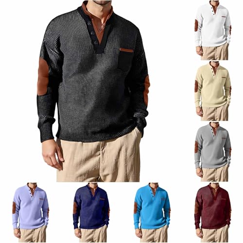UHouse Sweatshirt Herren Herbst Pullover Vintage Langarmshirt Waffelpique Pulli Leichte Arbeitspullover Stehkragen Sweater mit Knopfleiste Winter Longsleeve Schwarz XXL von UHouse