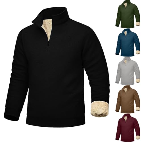 UHouse Sweatshirt Herren ohne Kapuze Winter Pullover mit Reissverschluss Gefütterte Herren-Sweatshirt Freizeit Fleecepullover Outdoor Arbeitspullover Warme Winterpullover Deals Schwarz XL von UHouse