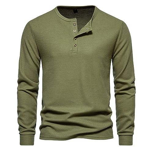 UHouse T-Shirts für Herren Basic Langarmshirt Henley Shirt Langarm Freizeit Tshirt mit Knopfleiste Longsleeve T Shirt Leichte Fischerhemd Slim Fit Oberhemden Armee Grün L von UHouse