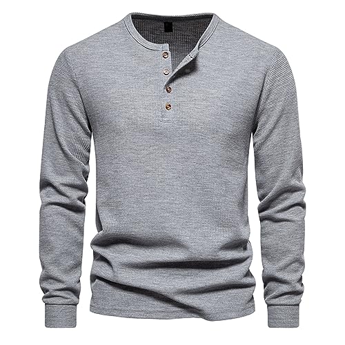 UHouse T-Shirts für Herren Basic Langarmshirt Henley Shirt Langarm Freizeit Tshirt mit Knopfleiste Longsleeve T Shirt Leichte Fischerhemd Slim Fit Oberhemden Grau M von UHouse