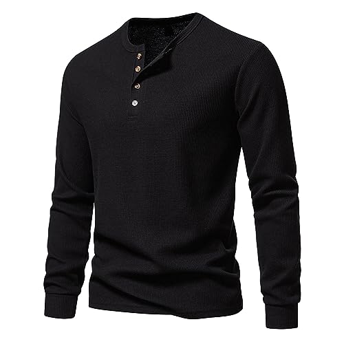 UHouse T-Shirts für Herren Basic Langarmshirt Henley Shirt Langarm Freizeit Tshirt mit Knopfleiste Longsleeve T Shirt Leichte Fischerhemd Slim Fit Oberhemden Schwarz M von UHouse