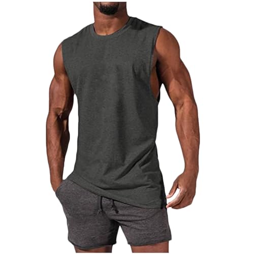 UHouse Tank Top Herren Sport Muskelshirt Männer Sommer Tanktop Baumwolle Oversize Trägershirt Rundhals Ärmellose Tshirt Hawaii Unterhemd Gym Axelshirt Große Größen Sale Angebote Dunkelgrau XL von UHouse